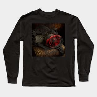 Dark Red Rose with Black Lace Long Sleeve T-Shirt